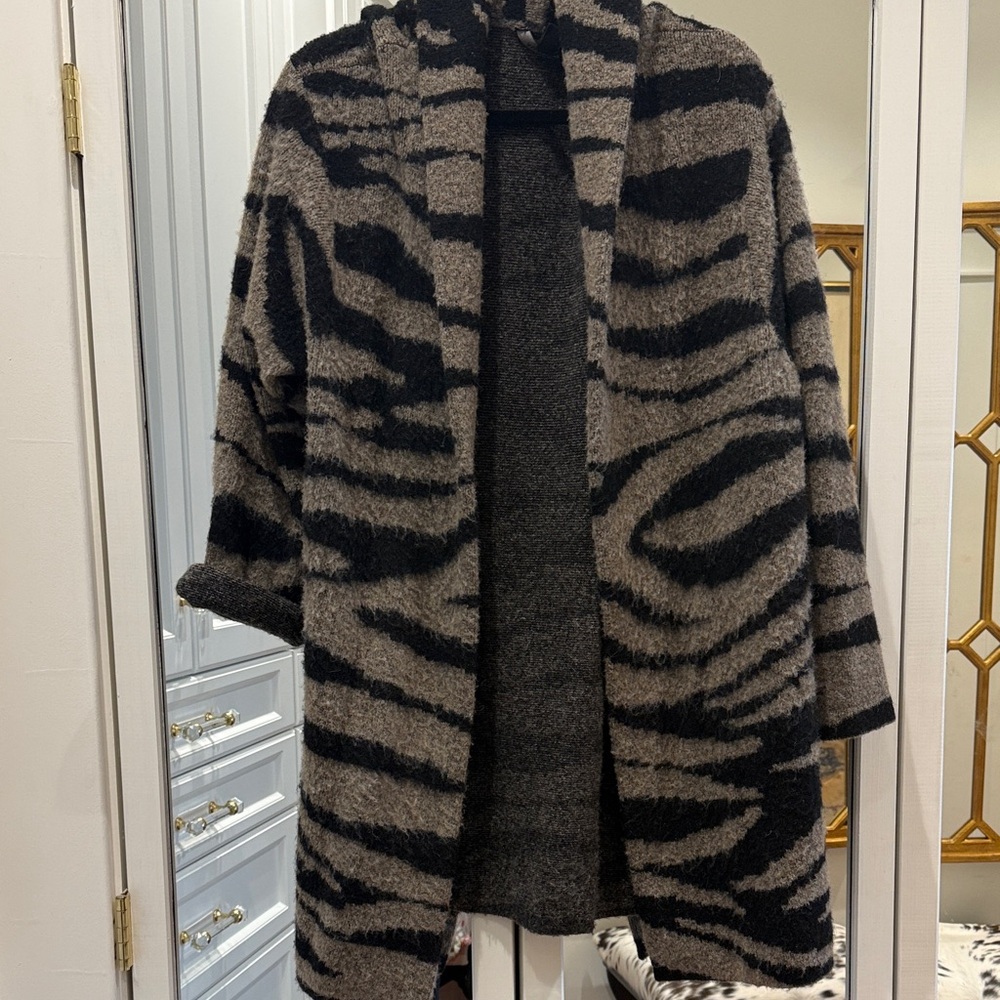 All Saints Zebra-Print Hooded Trench Coat in Black & Gray